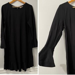 Loft Black Dress Bell Sleeve Exposed Zip Ruffled Hem size M